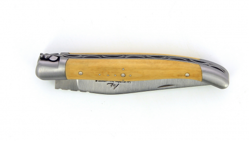 Couteau de Laguiole pliant, 11 cm, abeille et ressort forgés, ciselés main, mitres en inox brossé, manche en Buis.