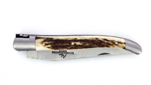 Couteau Laguiole pliant 12 cm manche en Bois de cerf,  mitres inox brossées.