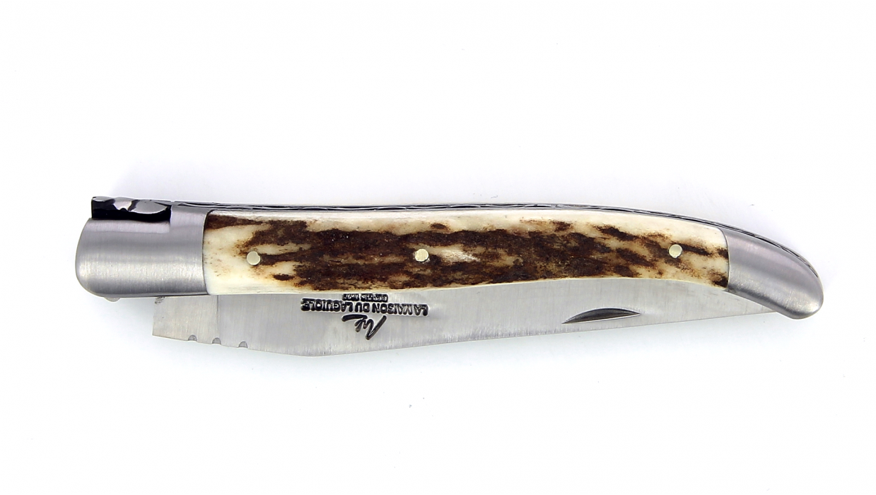 Couteau Laguiole pliant 12 cm manche en Bois de cerf,  mitres inox brossées.