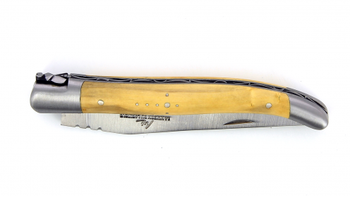Couteau Laguiole pliant 12 cm manche en Buis, mitres inox brossées.
