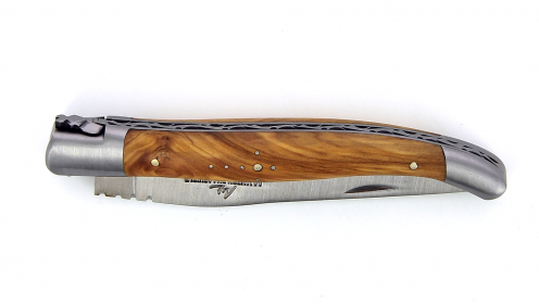 Couteau Laguiole pliant 12 cm manche en Olivier, mitres inox brossées.