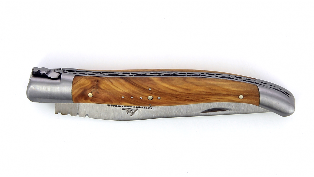 Couteau Laguiole pliant 12 cm manche en Olivier, mitres inox brossées.