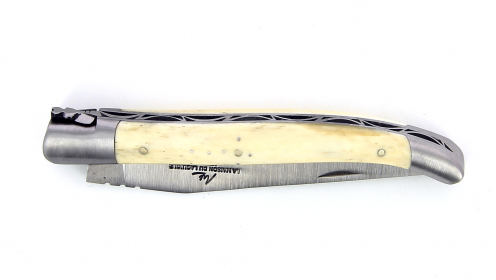 Couteau Laguiole pliant 12 cm manche en os de Bœuf, mitres inox brossées.