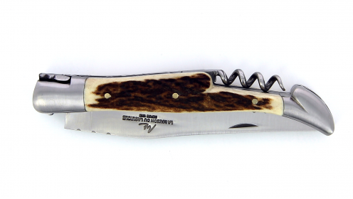 Couteau Laguiole pliant 12 cm, avec tire-Bouchon manche en Bois de cerf,  mitres inox brossées.
