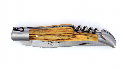 Couteau Laguiole pliant 12 cm, avec tire-Bouchon manche en Hêtre de l'Aubrac, mitres inox brossées.