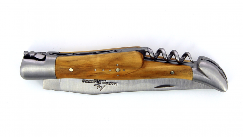 Couteau Laguiole pliant 12 cm, avec tire-Bouchon manche en Buis, mitres inox brossées.