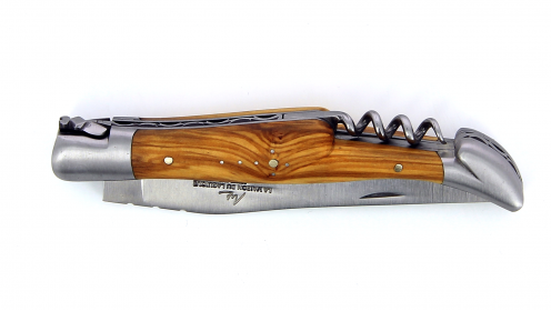 Couteau Laguiole pliant 12 cm, avec tire-Bouchon manche en Olivier, mitres inox brossées.