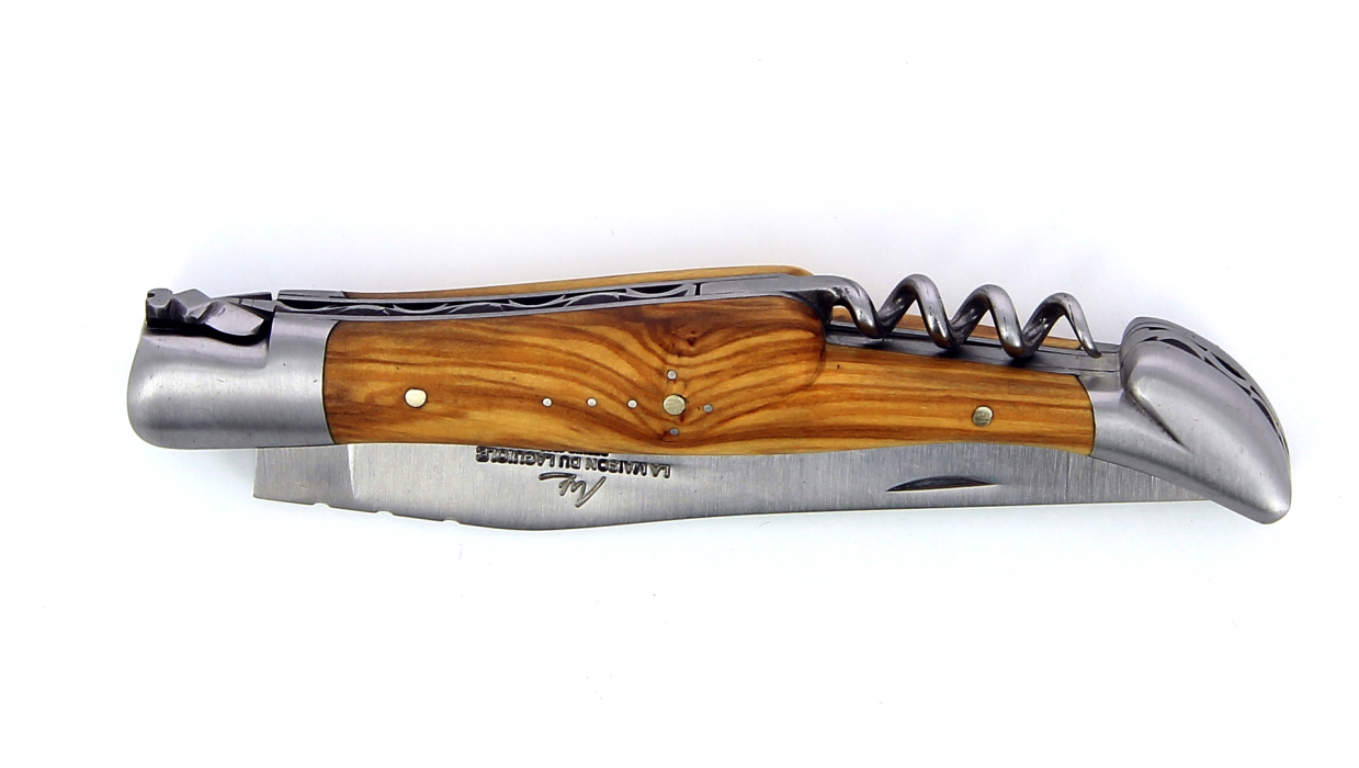 Couteau Laguiole pliant 12 cm, avec tire-Bouchon manche en Olivier, mitres inox brossées.