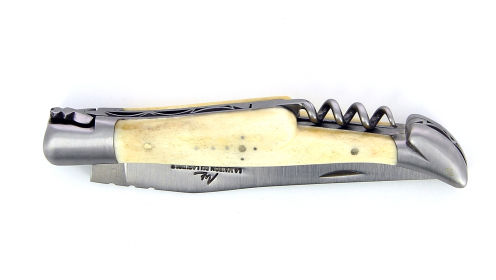 Couteau Laguiole pliant 12 cm, avec tire-Bouchon manche en Os, mitres inox brossées.