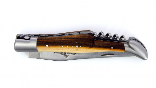 Couteau Laguiole pliant 12 cm, avec tire-Bouchon manche en Pistachier, mitres inox brossées.