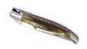 Couteau Laguiole 12 cm double platine avec mitres en inox brossé, platine double inox laiton, et manche corne de vache Aubrac