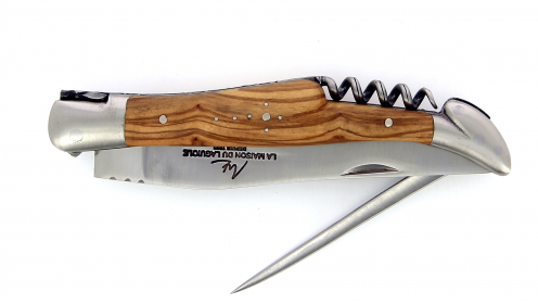 Couteau Laguiole pliant 12 cm avec tire-bouchon et poinçon,
Manche en Olivier du Sud de France , mitres inox brossées.