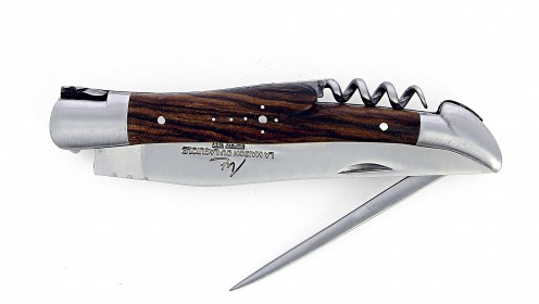 Couteau Laguiole pliant 12 cm avec tire-bouchon et poinçon,
Manche en Noyer, mitres inox brossées.