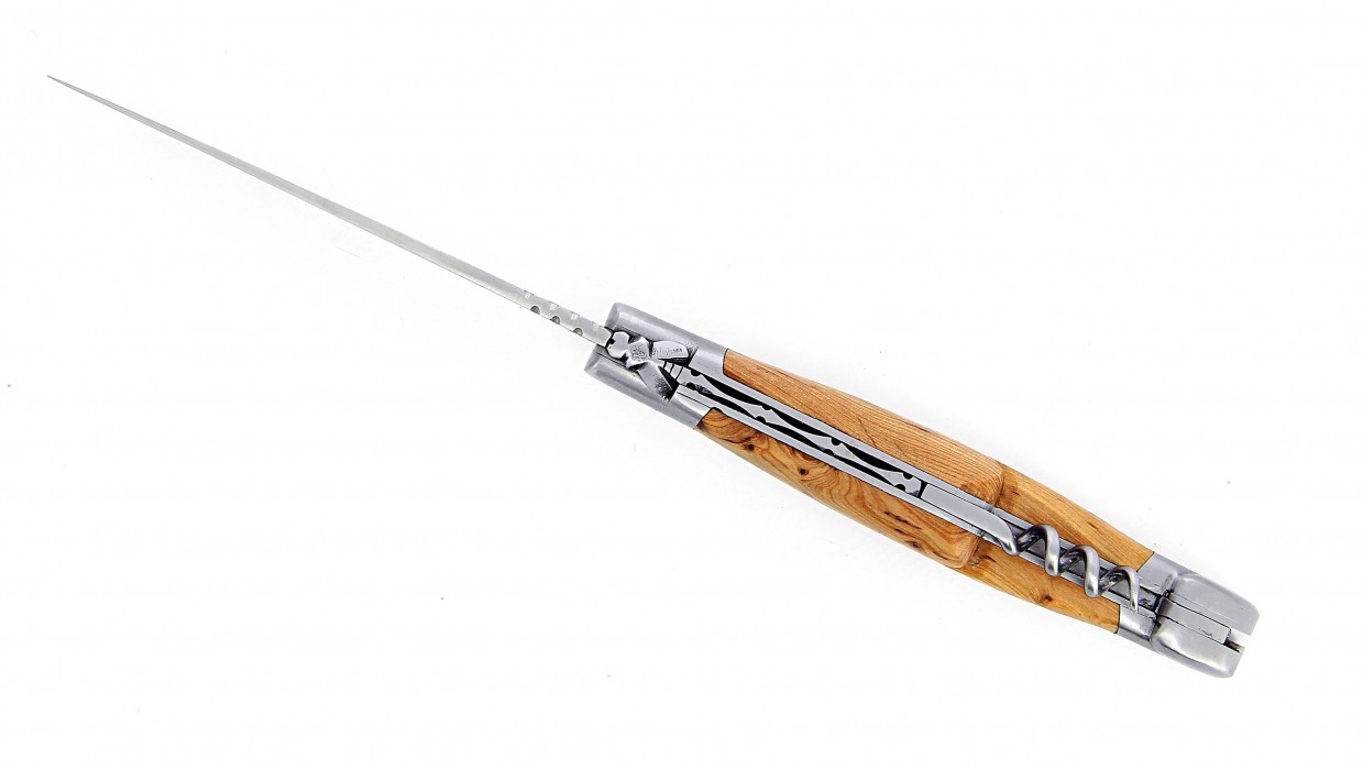 Couteau Laguiole pliant 12 cm avec tire-bouchon et poinçon,
Manche en Genévrier, mitres inox brossées.