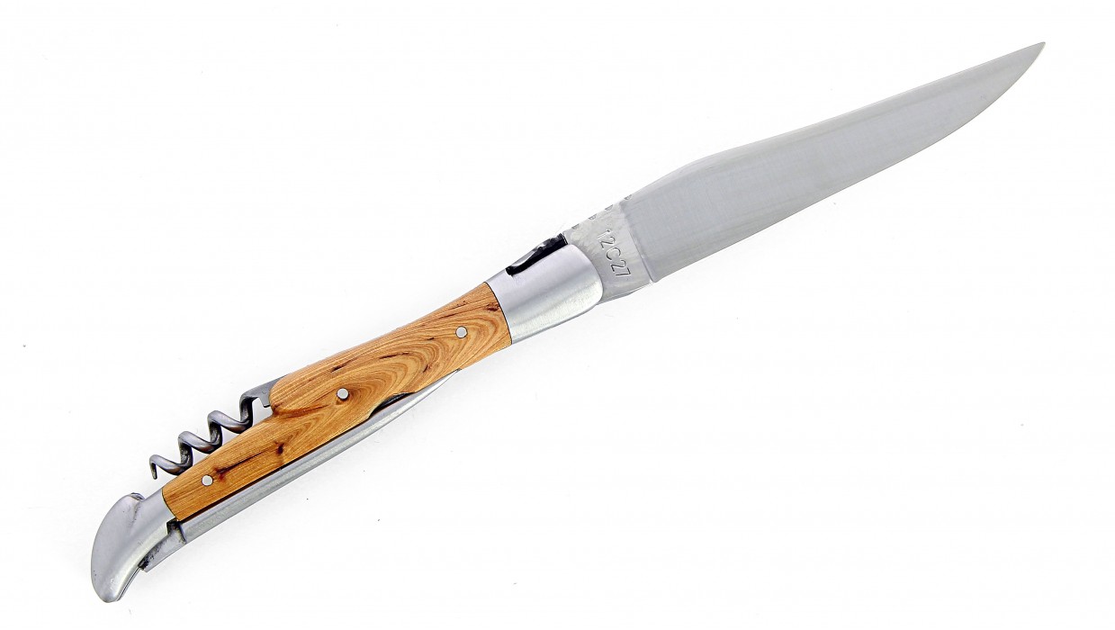Couteau Laguiole pliant 12 cm avec tire-bouchon et poinçon,
Manche en Genévrier, mitres inox brossées.