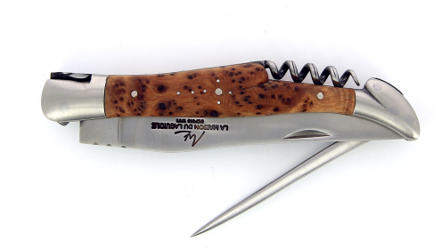 Couteau Laguiole pliant 12 cm avec tire-bouchon et poinçon,
Manche en Genévrier, mitres inox brossées.