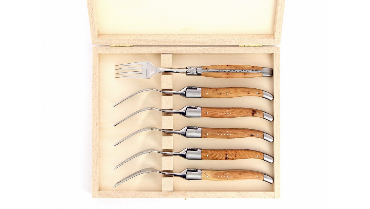 Coffret Laguiole 6 Fourchettes, mitres inox brossé, manche en bois (genévrier)