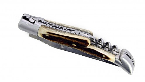 Couteau Laguiole 12 cm double platine Tire-bouchon avec mitres en inox brossé et manche en bois de cerf