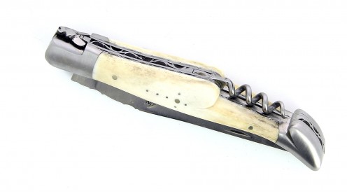 Couteau Laguiole 12 cm double platine Tire-bouchon avec mitres en inox brossé et manche en os de bœuf Aubrac