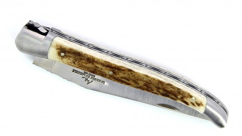 Couteau Laguiole 13 cm double platine avec mitres en inox brossé et manche en bois de cerf