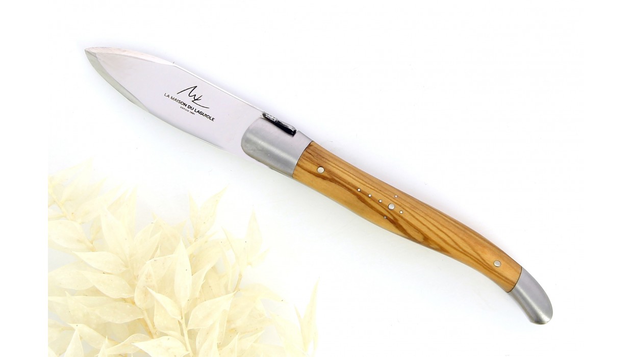 Couteau Laguiole à huitre, mitres inox brossé, manche en Olivier