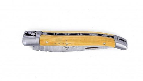 Couteau de Laguiole pliant, 10 cm, mitres en inox brossé, manche en genévrier.
