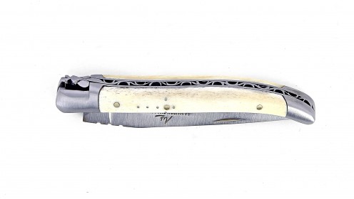 Couteau de Laguiole pliant, 10 cm, mitres en inox brossé, manche en os de bœuf Aubrac.