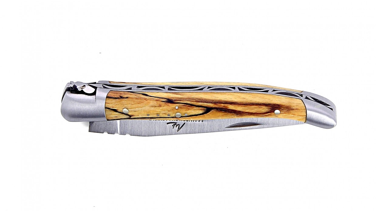 Couteau Laguiole 10 cm avec mitres en inox brossé et manche en Hêtre d'Aubrac