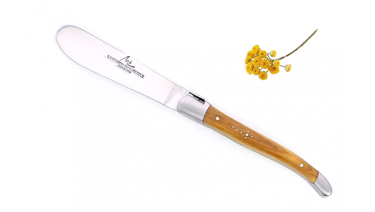 Couteau de Laguiole à beurre mitres en inox brossé, manche en Olivier.