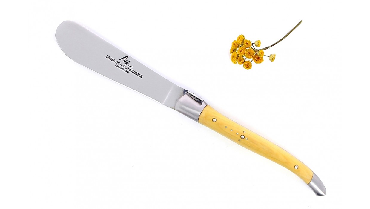 Couteau de Laguiole à beurre mitres en inox brossé, manche en Buis.