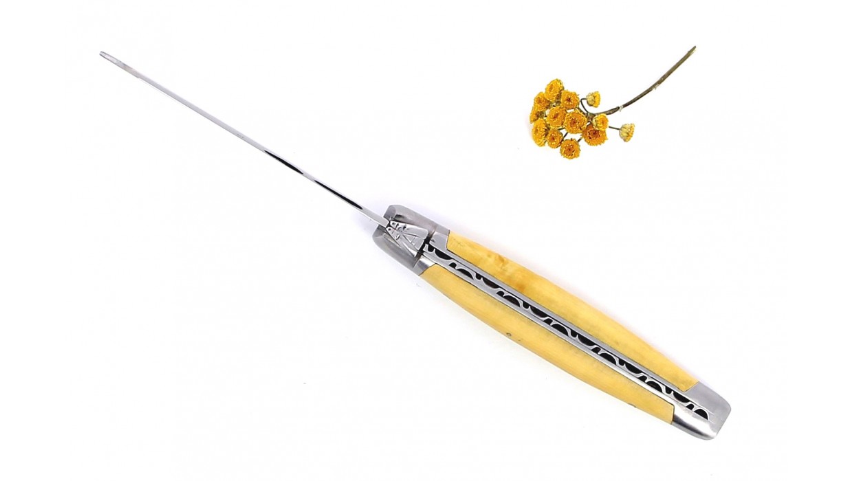 Couteau de Laguiole à beurre mitres en inox brossé, manche en Buis.