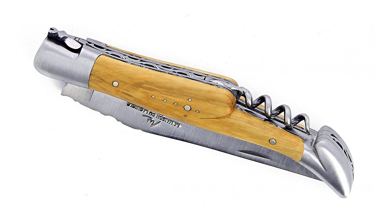 Couteau Laguiole 12 cm double platine Tire-bouchon avec mitres en inox brossé et manche en buis