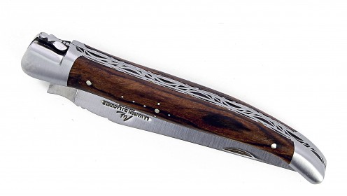 Couteau Laguiole 13 cm double platine avec mitres en inox brossé et manche en Noyer