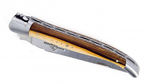 Couteau Laguiole 13 cm double platine avec mitres en inox brossé et manche en pistachier