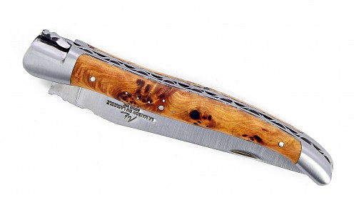 Couteau Laguiole 13 cm double platine avec mitres en inox brossé et manche en genévrier