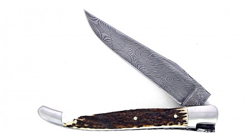 Couteau Laguiole 12 cm mitres inox brossé, double platine en bois de cerf , lame damas