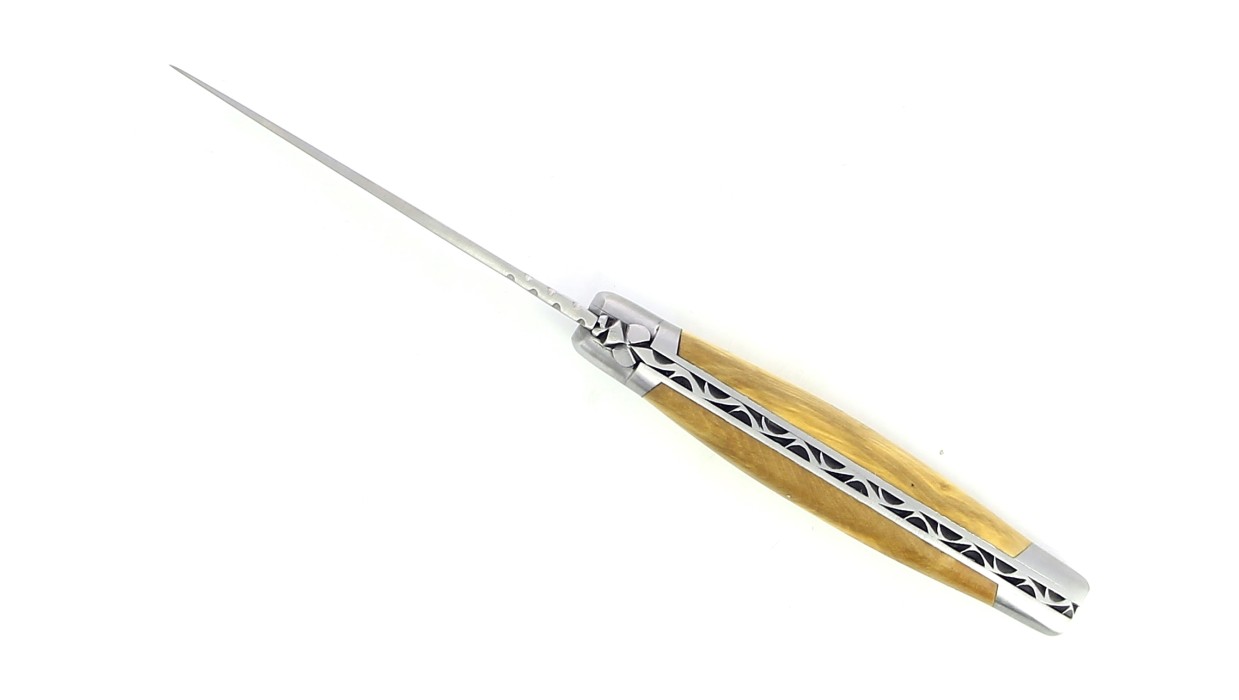 Couteau de Laguiole pliant, 11 cm, abeille et ressort forgés, ciselés main, mitres en inox brossé, manche en Buis.