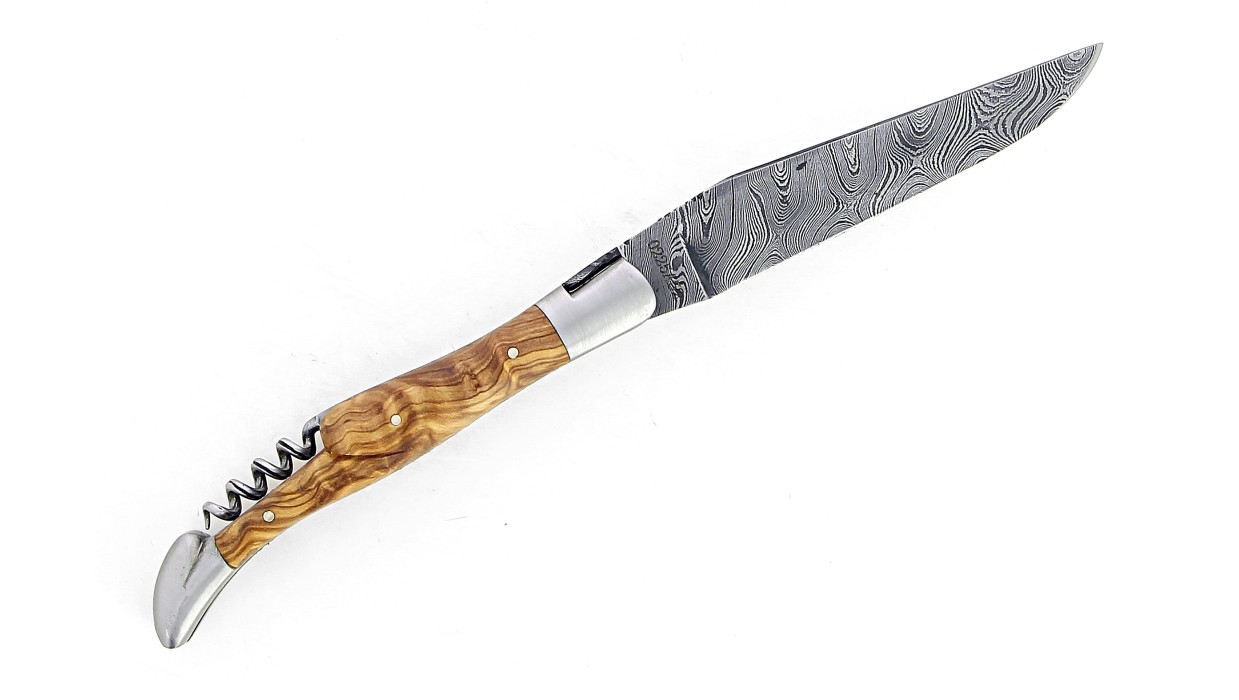 Laguiole 12 cm Double platine Damas - Tire-bouchon - Olivier