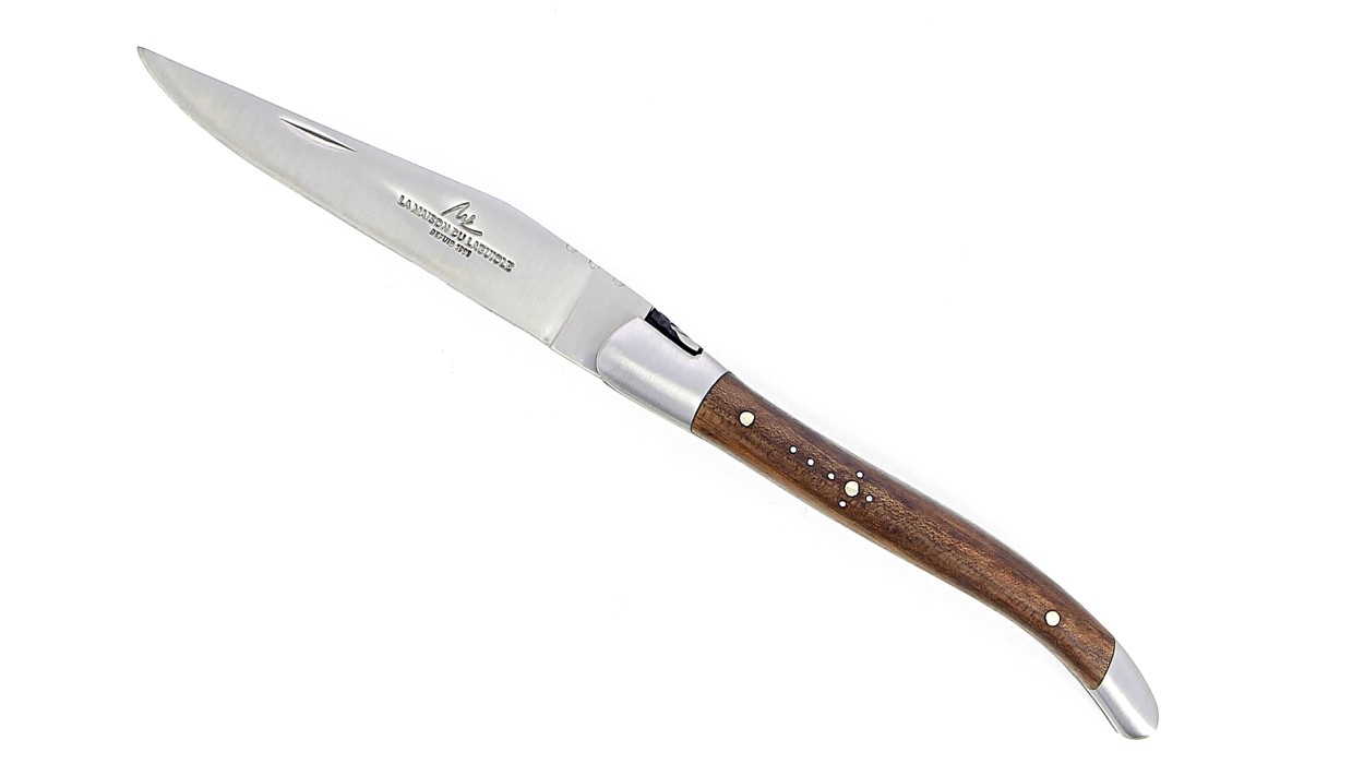 Couteau de Laguiole pliant, 10 cm, abeille et ressort forgés, ciselés main, mitres en inox brossé, manche en Noyer.