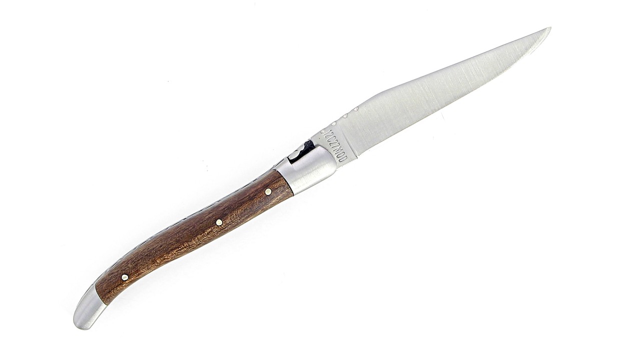 Couteau de Laguiole pliant, 10 cm, abeille et ressort forgés, ciselés main, mitres en inox brossé, manche en Noyer.
