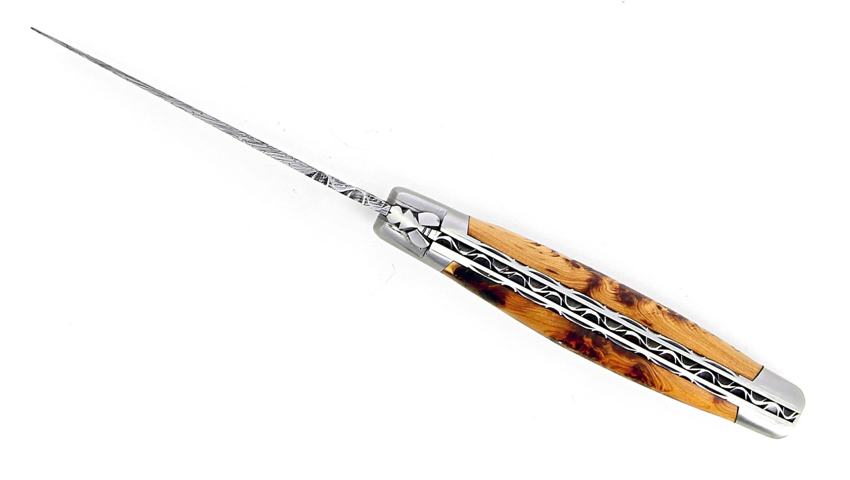 Laguiole 12 cm Double platine Damas Carbone - Genévrier