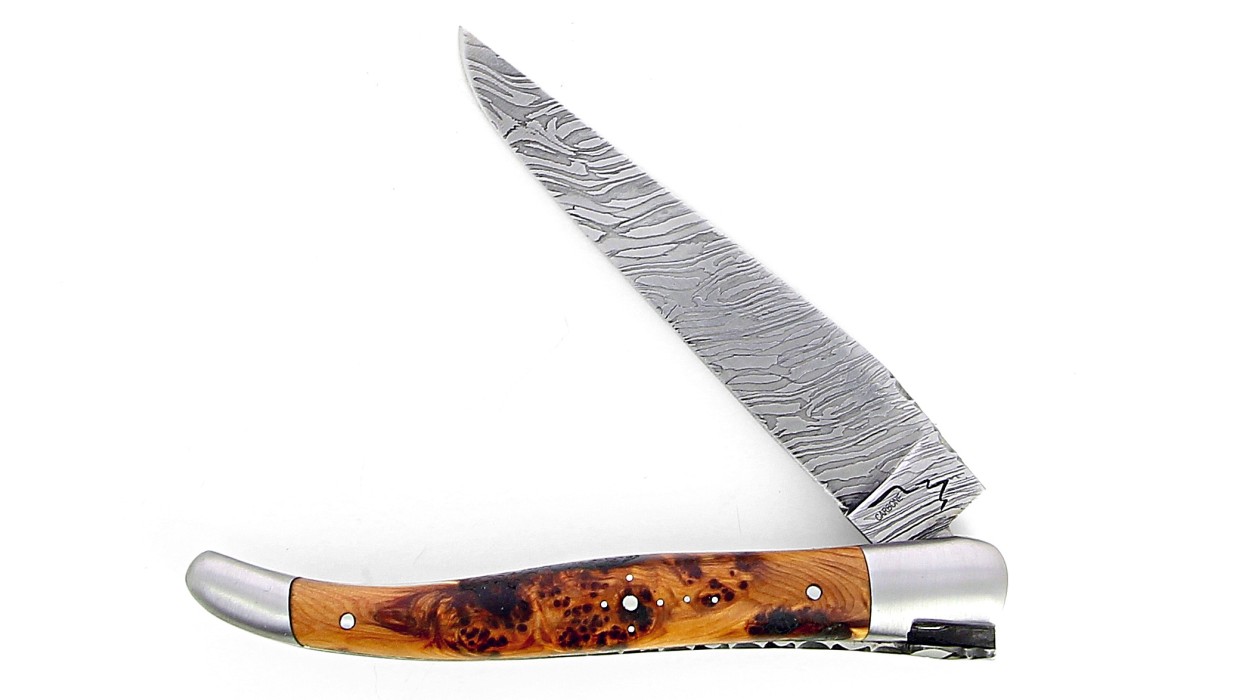 Laguiole 12 cm Double platine Lame Damas Carbone - Genévrier