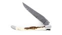 Couteau Laguiole 13 cm mitres inox brossé, double platine en bois de cerf , lame damas