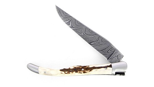 Couteau Laguiole 13 cm mitres inox brossé, double platine en bois de cerf , lame damas