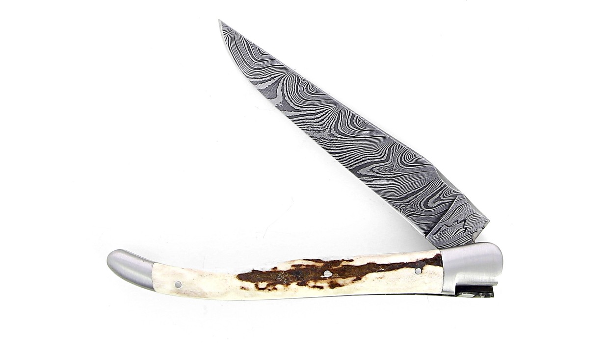 Couteau Laguiole 13 cm mitres inox brossé, double platine en bois de cerf , lame damas