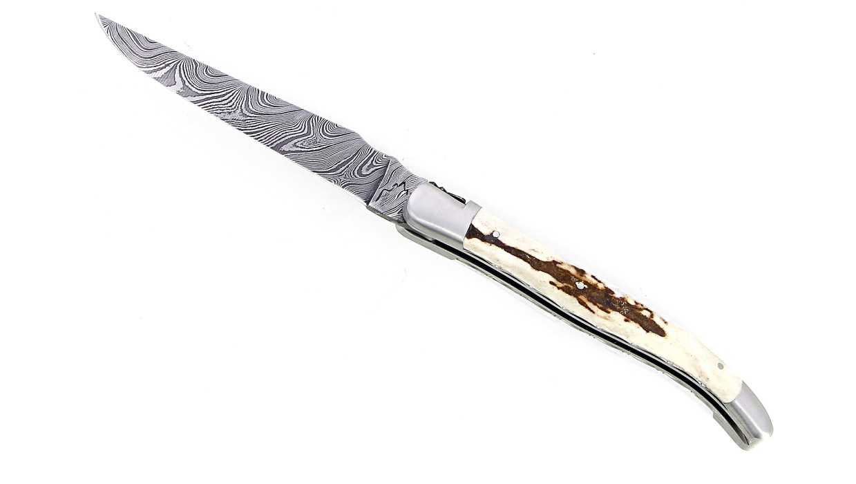 Couteau Laguiole 13 cm mitres inox brossé, double platine en bois de cerf , lame damas