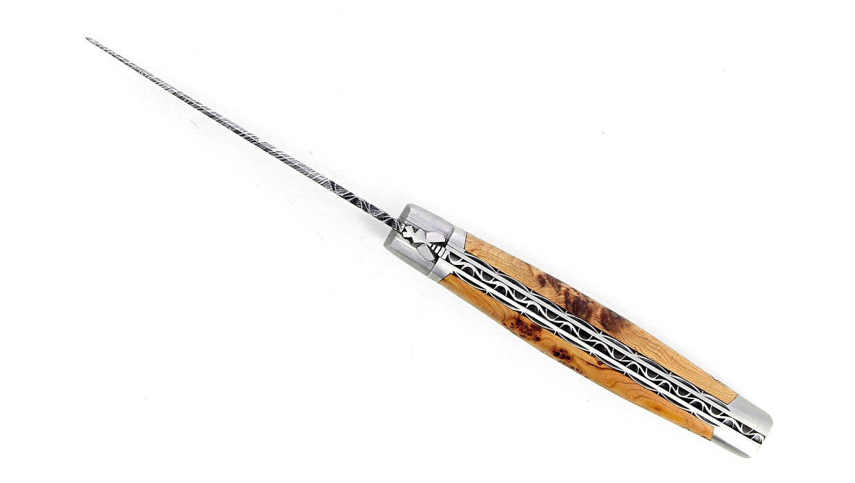 Couteau pliant Laguiole 13 cm, mitres inox, double platine en genévrier, lame damas