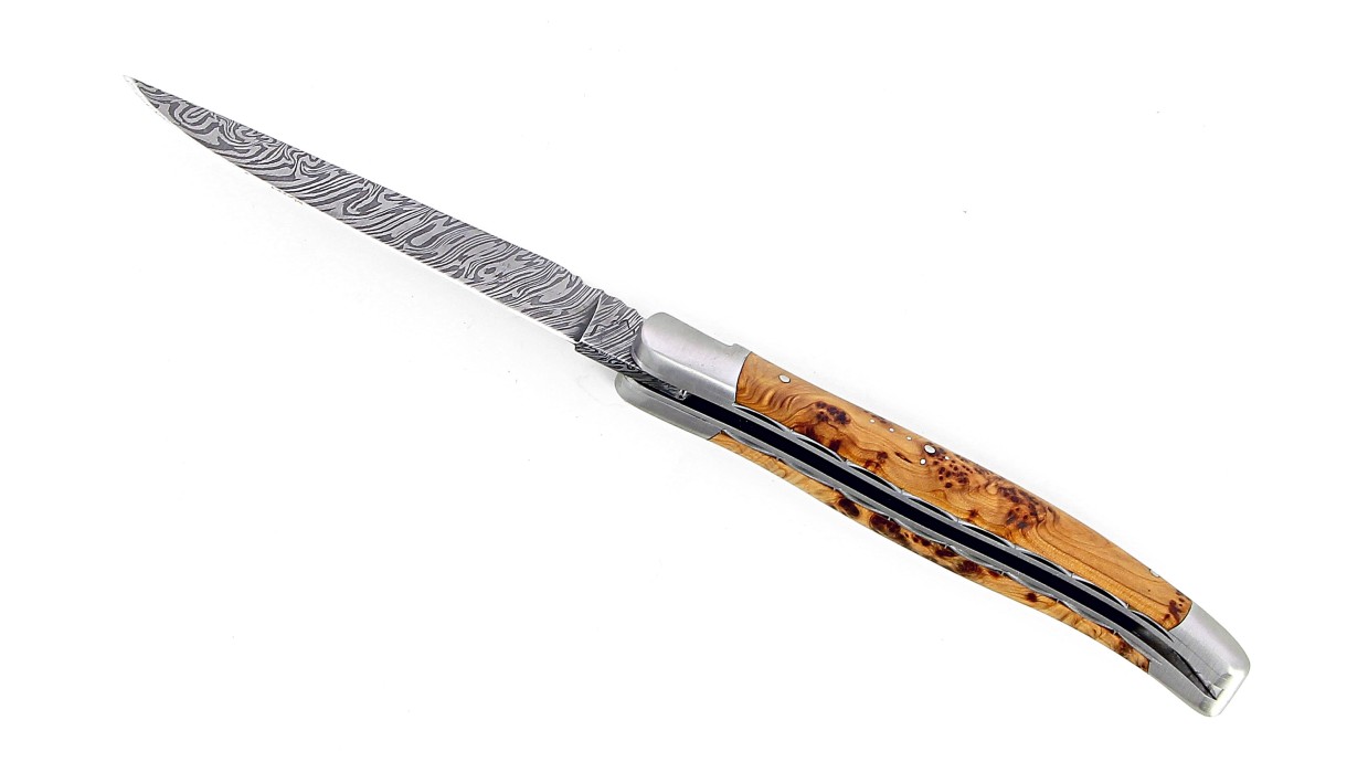Couteau pliant Laguiole 13 cm, mitres inox, double platine en genévrier, lame damas
