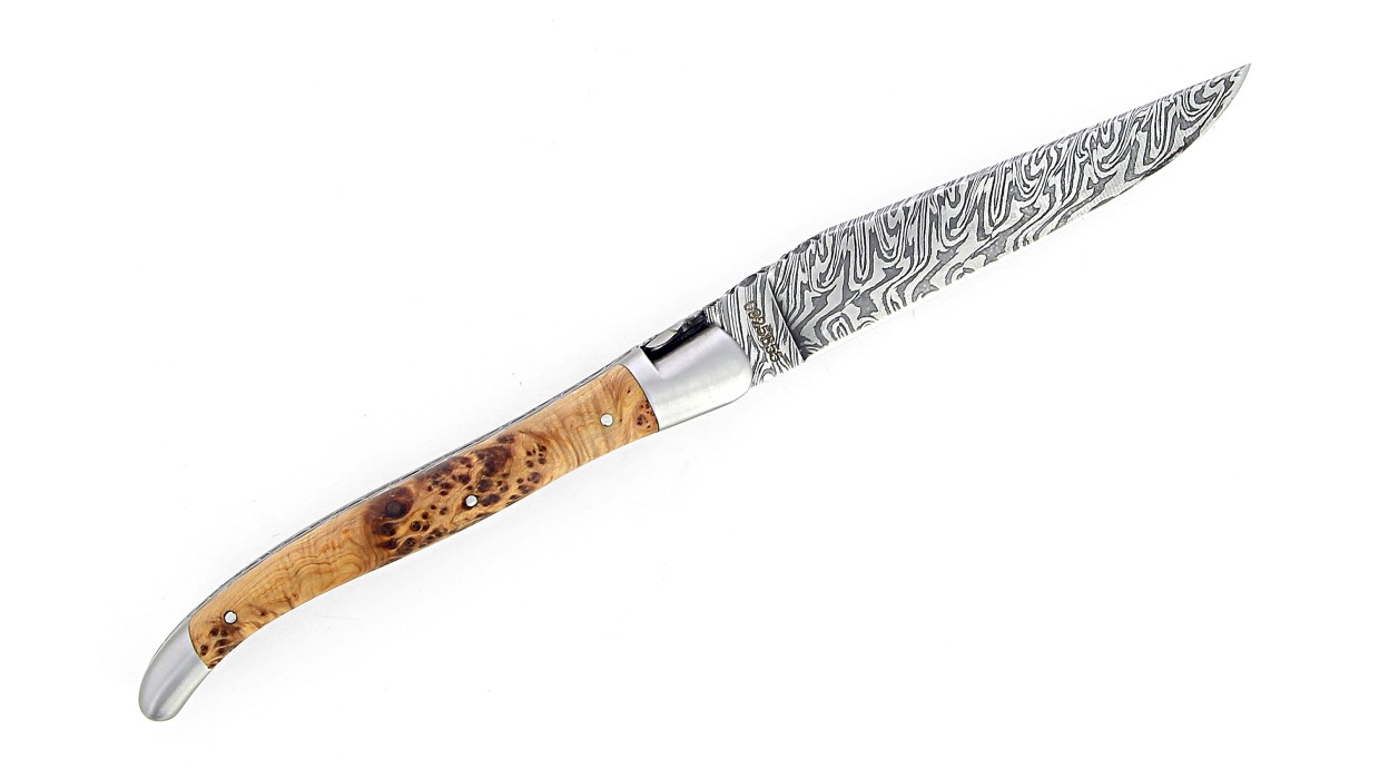 Couteau pliant Laguiole 13 cm, mitres inox, double platine en genévrier, lame damas