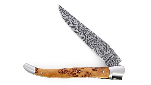 Couteau pliant Laguiole 13 cm, mitres inox, double platine en genévrier, lame damas